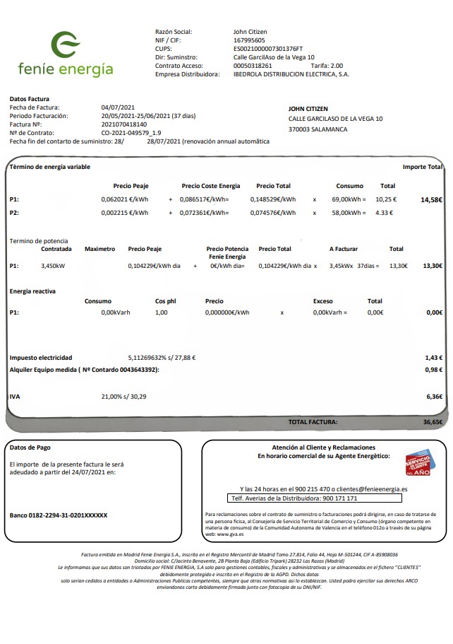 Spain Feníe Energía utility bill